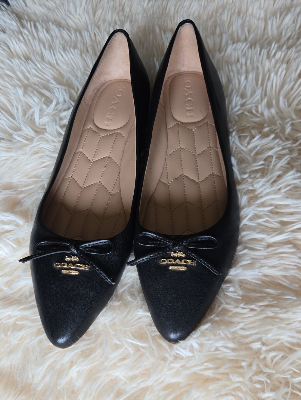 EUC Coach Black Pointed Leather Ballet Flats with Gold Logo